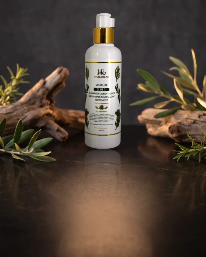 Botol pump HairLuxLab Vitaluxe 3 in 1 Shampoo Conditioner Serum Hair Revitalizing Treatment 250 ml di atas meja batu gelap