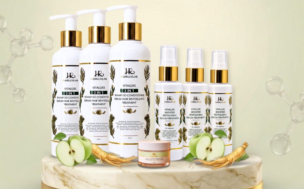 Isi Program 90 Hari HairLuxLab: tiga botol Vitaluxe 3 in 1, tiga botol Booster Revitalizing Serum, dan satu pot Condimask