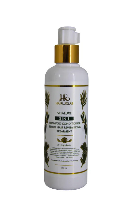 Botol HairLuxLab Vitaluxe 3 in 1 Shampoo Conditioner Serum 250 ml dengan pompa
