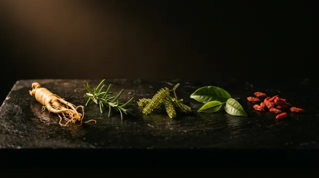 Ginseng, rosemary, teh hijau, dan goji berry tersusun di atas batu gelap