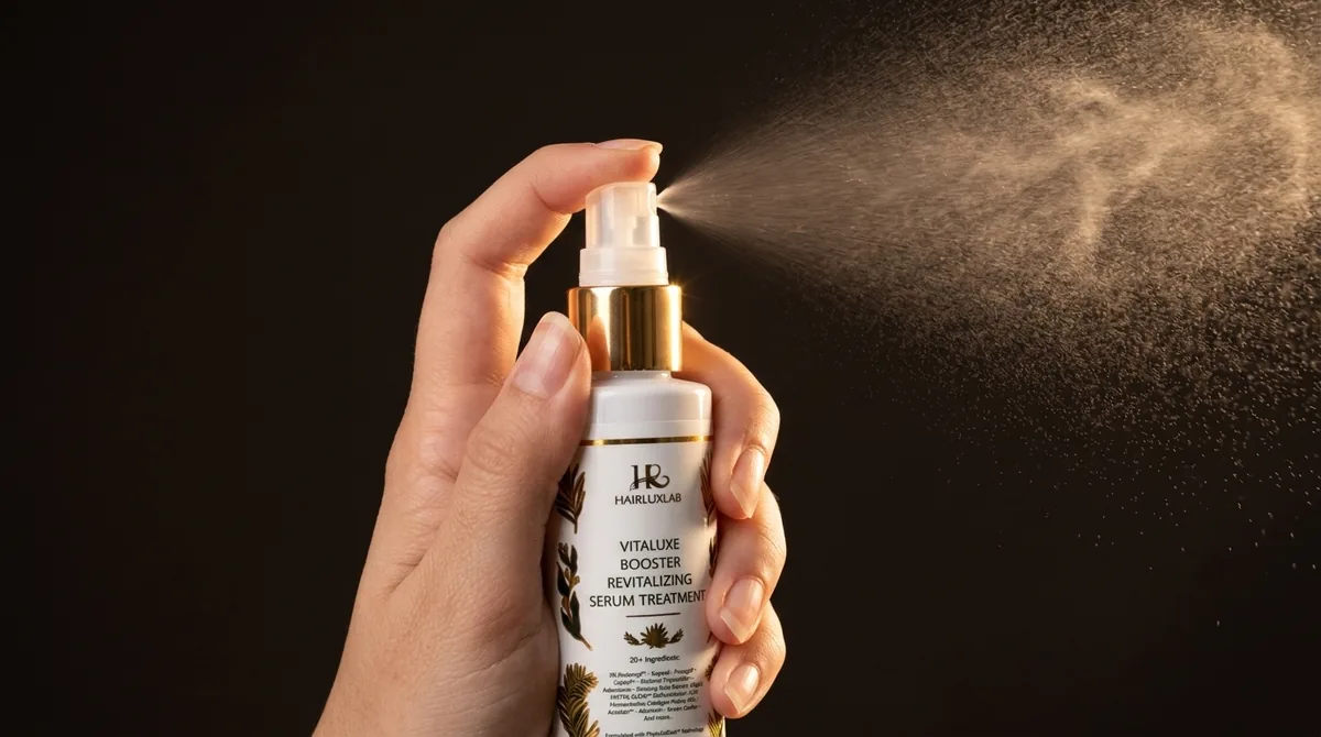 Tangan menyemprotkan serum Booster HairLuxLab ke kulit kepala