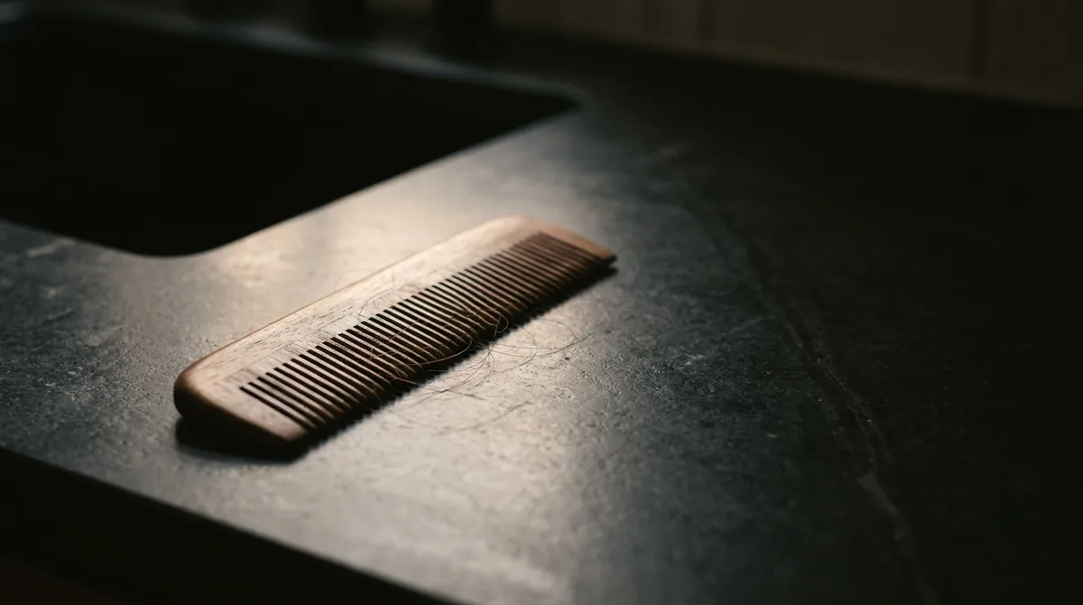 Sisir kayu di tepi wastafel batu gelap sebagai gambaran menata rambut harian