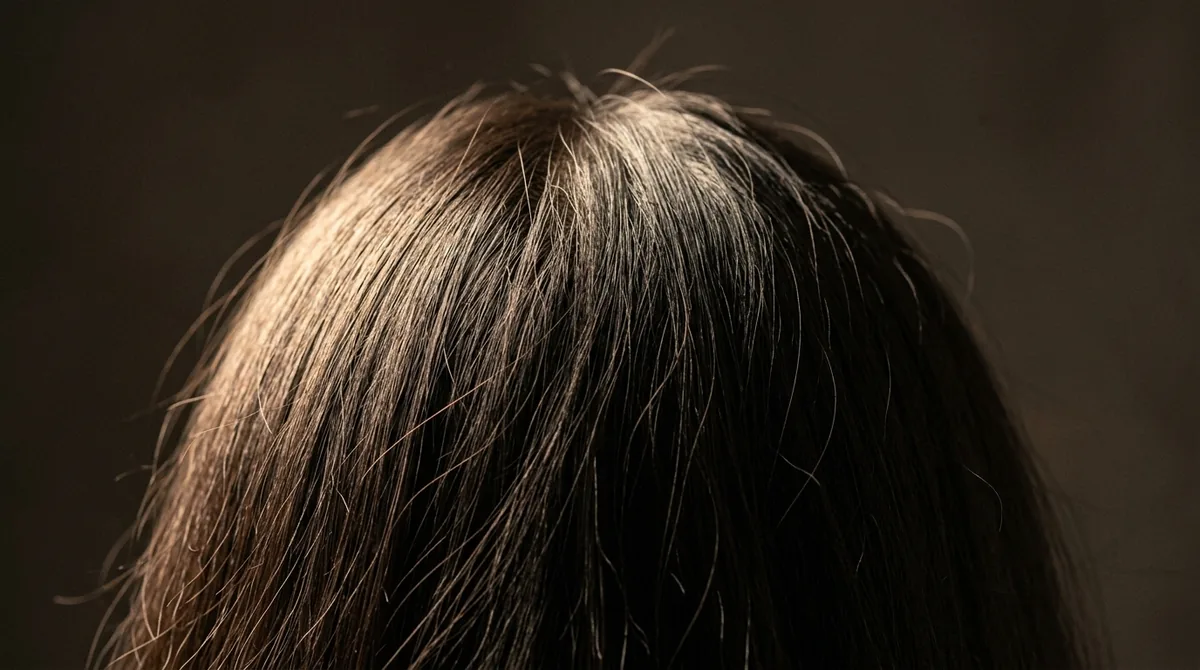 Close-up batang rambut hitam yang tampak berkilau dan halus