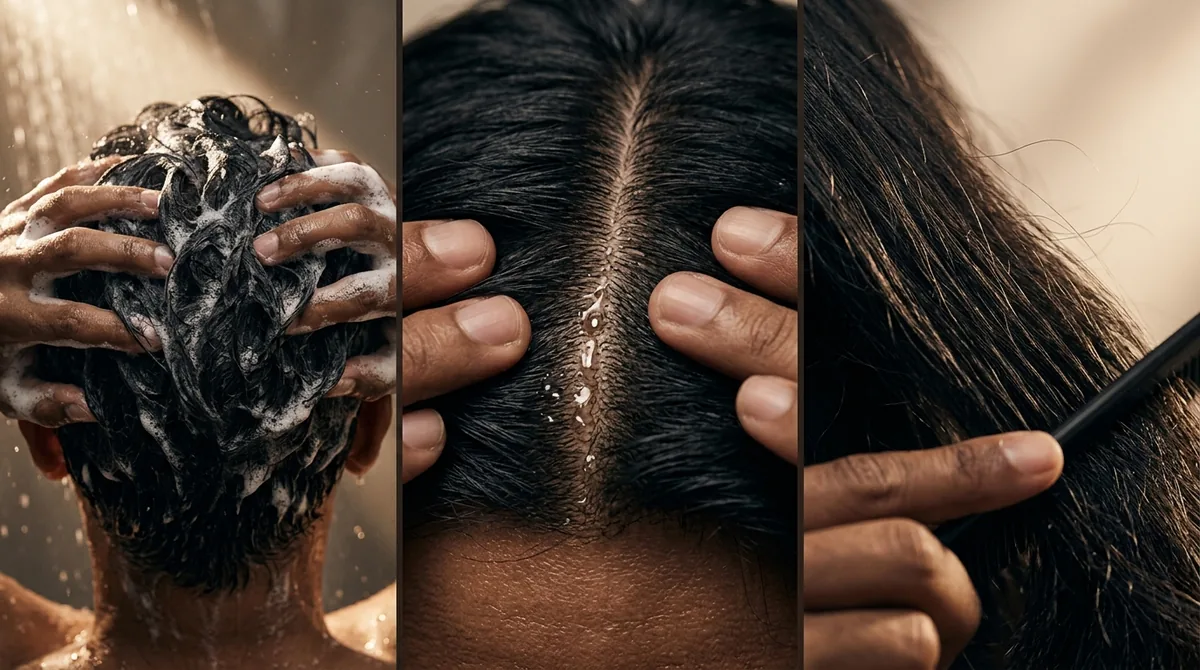 Tiga tahap perawatan: keramas, merawat kulit kepala di belahan rambut, dan menyisir batang rambut