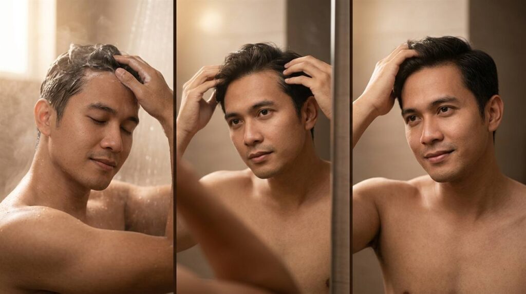 Tiga langkah perawatan rambut: keramas, memijat serum ke kulit kepala, dan merapikan rambut
