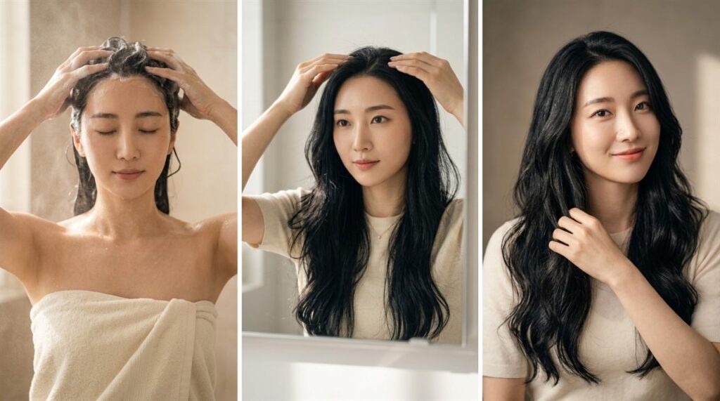 Wanita menjalani tiga langkah perawatan rambut: keramas, memijat serum ke kulit kepala, dan merapikan rambut